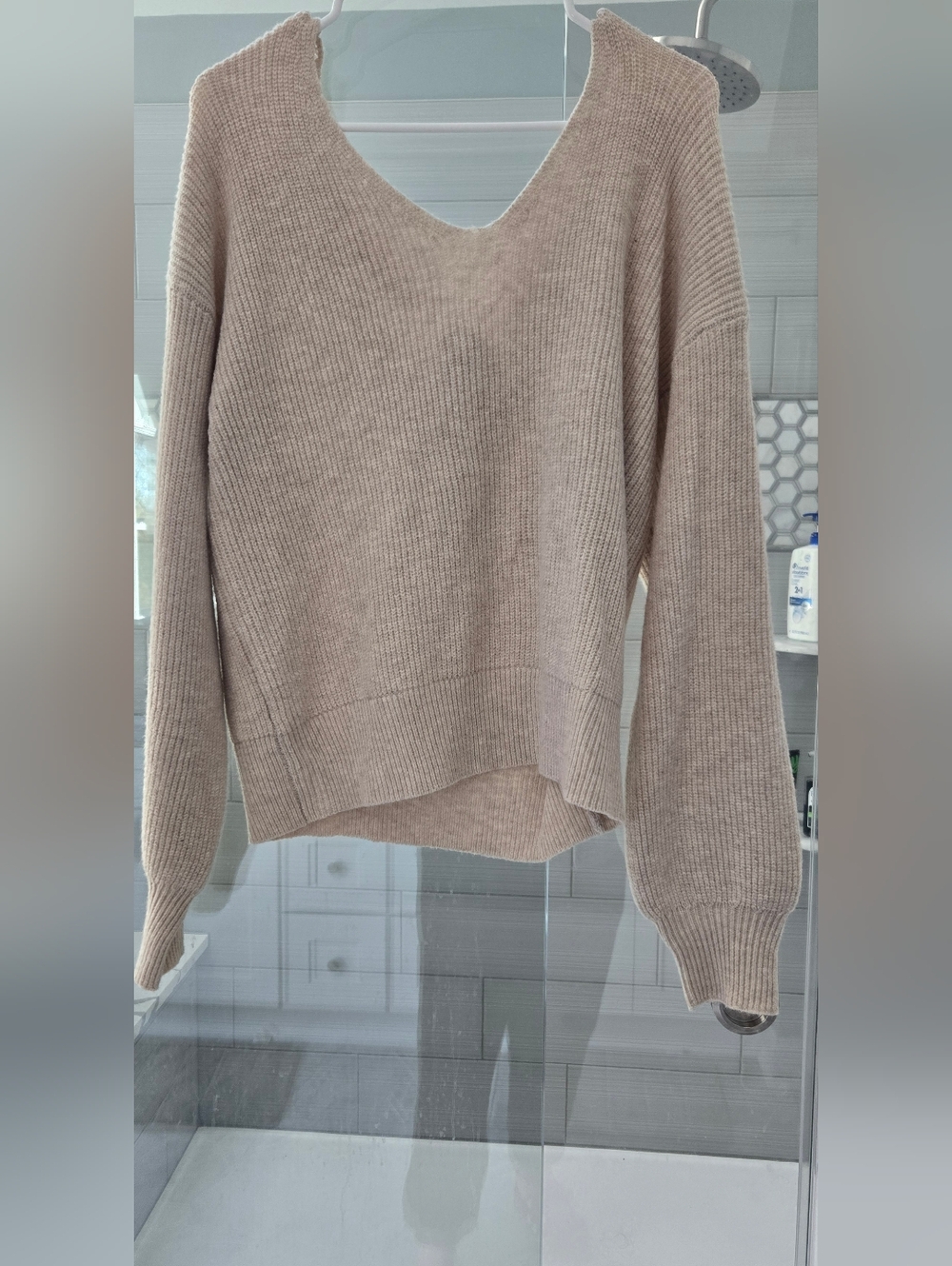 Cupshe Ribbed V-Neck Sweater in Light Taupe